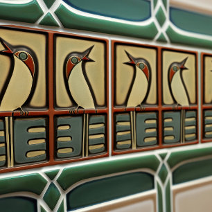 Azulejo Arte decorativo simétrico de aves cantoras Nouveau