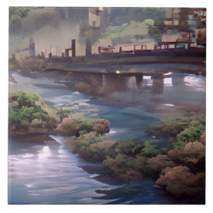 Azulejo Arte digital del puente del río azul