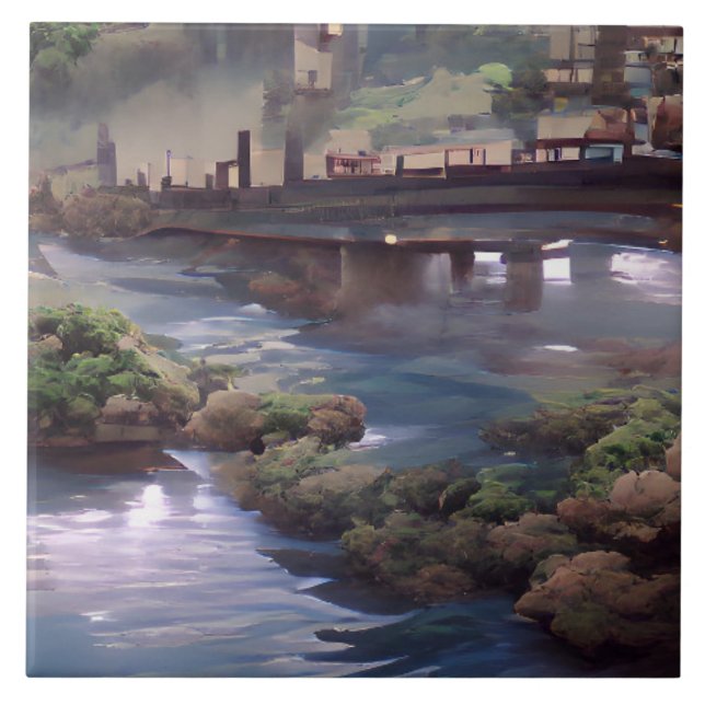 Azulejo Arte digital del puente del río azul (Frente)