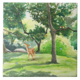 Azulejo Arte en Acuarela de Ciervo en Bosque Tranquilo