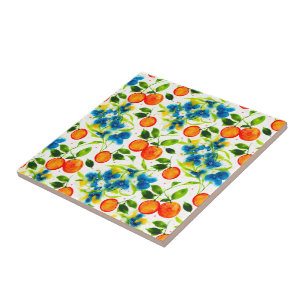 Azulejo Arte en acuarela de naranjas y flores azules