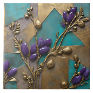 Azulejo Arte en relieve floral turquesa y dorado con morad