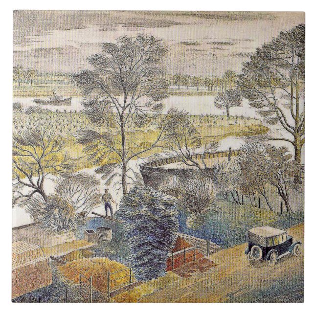 Azulejo Arte Eric Ravilious, río Támesis, Chiswick Eyot (Frente)