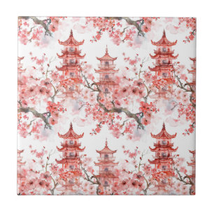 Azulejo Arte escénico de flor de Pink Pagoda asiática vint