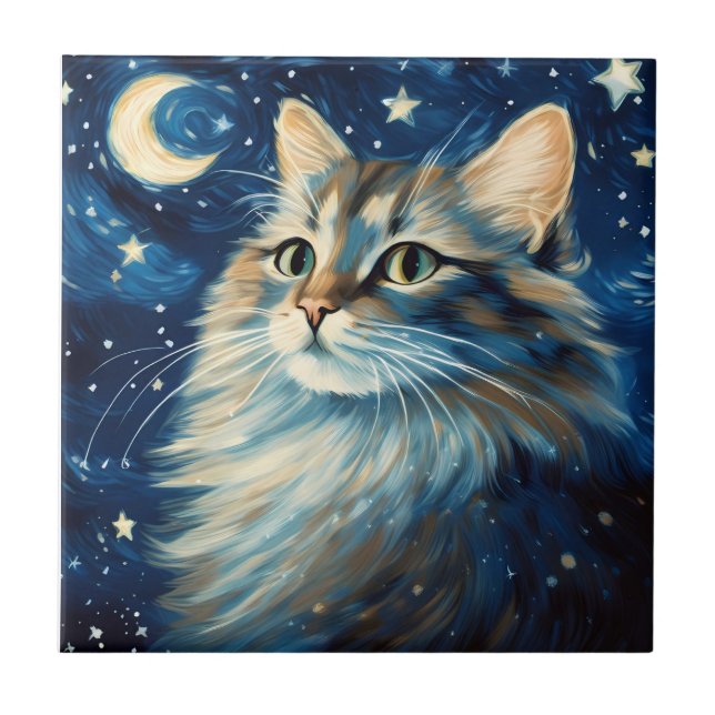 Azulejo Arte esponjoso de gato en la noche (Frente)
