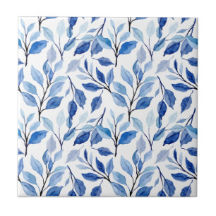 Azulejo Arte fino mosaico de hojas azules de acuarela olas