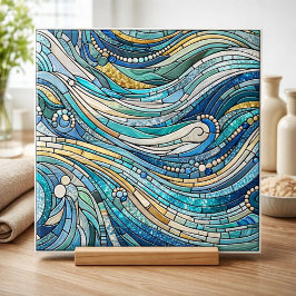 Azulejo Arte fino mosaico teal de mar de olas