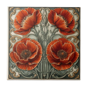 Azulejo Arte Floral Amapolas Rojas Nouveau Antiguo