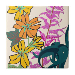 Azulejo Arte Floral Art Déco Vibrante Magenta y Naranja