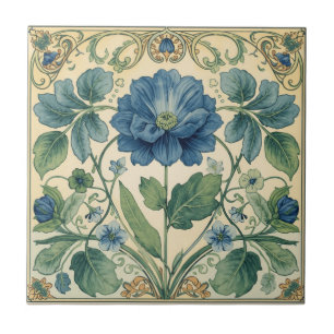Azulejo Arte Floral Art Nouveau Azul y Verde Vintage