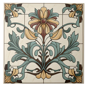 Azulejo Arte floral Art Nouveau en verde azulado y ocre