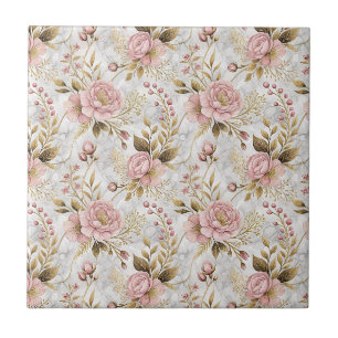 Azulejo Arte floral botánico de peonía rosa y salvia