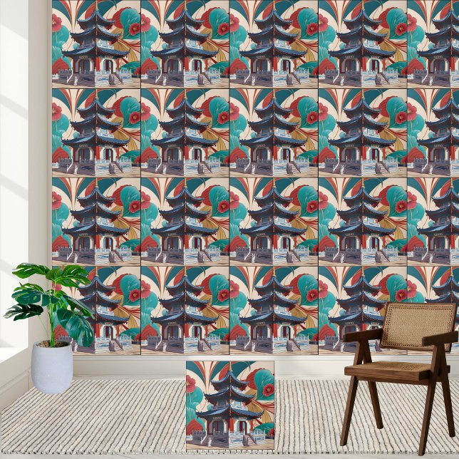 Azulejo Arte floral de inspiración asiática Chinoiserie Pa (Asian-Inspired Floral Art Chinoiserie Pagoda Tile)