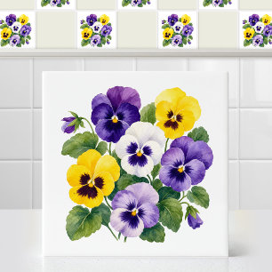 Azulejo Arte floral de pensamiento amarillo púrpura aterci