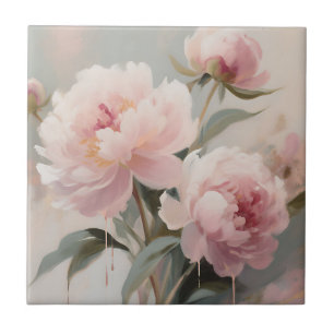Azulejo Arte Floral de Peonías Rosadas Suaves