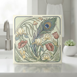 Azulejo Arte floral de pluma de pavo real Art Nouveau Pat#