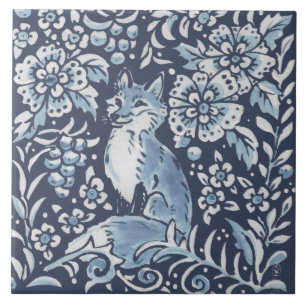 Azulejo Arte floral del Ornato Blanco Azul Clásico Fox Fo