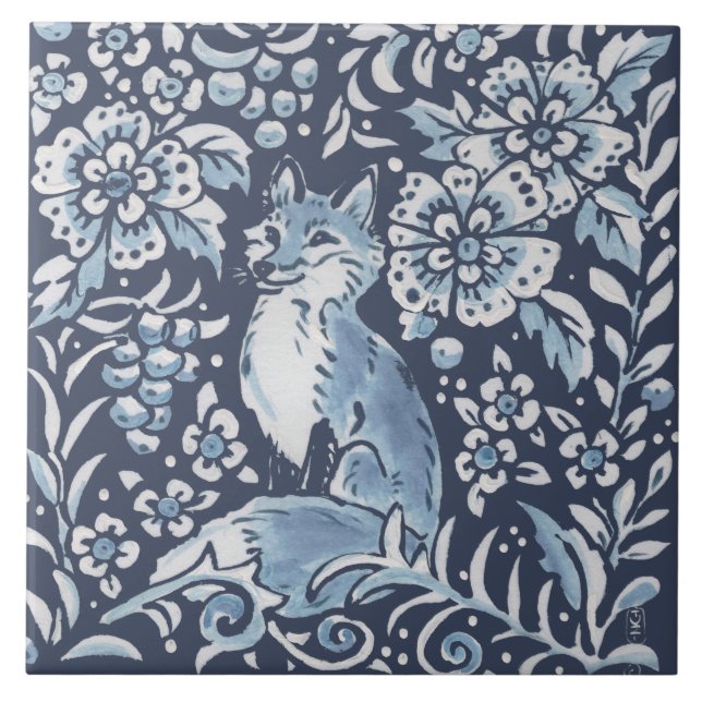 Azulejo Arte floral del Ornato Blanco Azul Clásico Fox For (Frente)