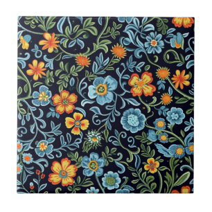 Azulejo Arte floral intrincado: flores azules y naranjas