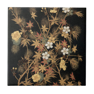 Azulejo Arte Floral Negro Otoño Dorado Japonés Vintage