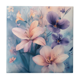Azulejo Arte floral pastel soñador con lirios y flores sua