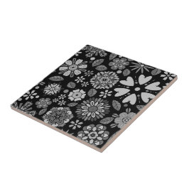 Azulejo Arte floral retro en negro y gris patrón continuo