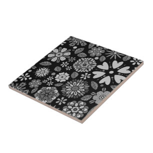 Azulejo Arte floral retro en negro y gris patrón continuo