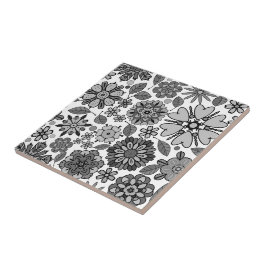 Azulejo Arte floral retro sin costuras de negro gris y bla