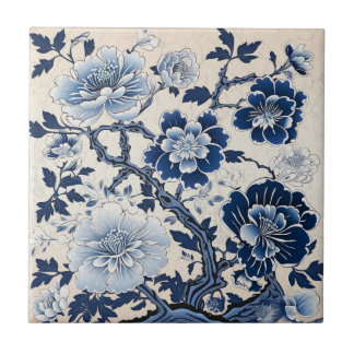 Azulejo Arte floral tradicional chino con tinta azul