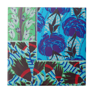 Azulejo Arte floral vibrante maximalista azul y verde