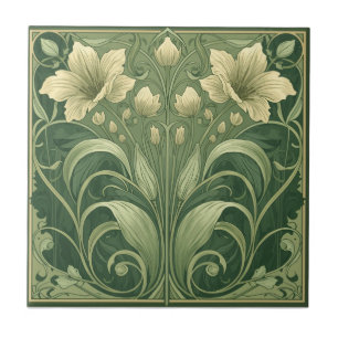 Azulejo Arte floral vintage en verde salvia Nouveau 