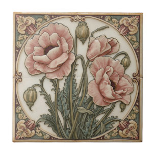 Azulejo Arte florales de amapolas rosadas Art Nouveau vint