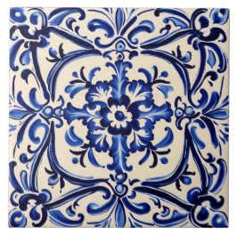 Azulejo Arte folclórico abstracto azul y blanco mediterrán