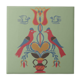 Azulejo Arte Folclórico Americano Antiguo Pájaros Corazón