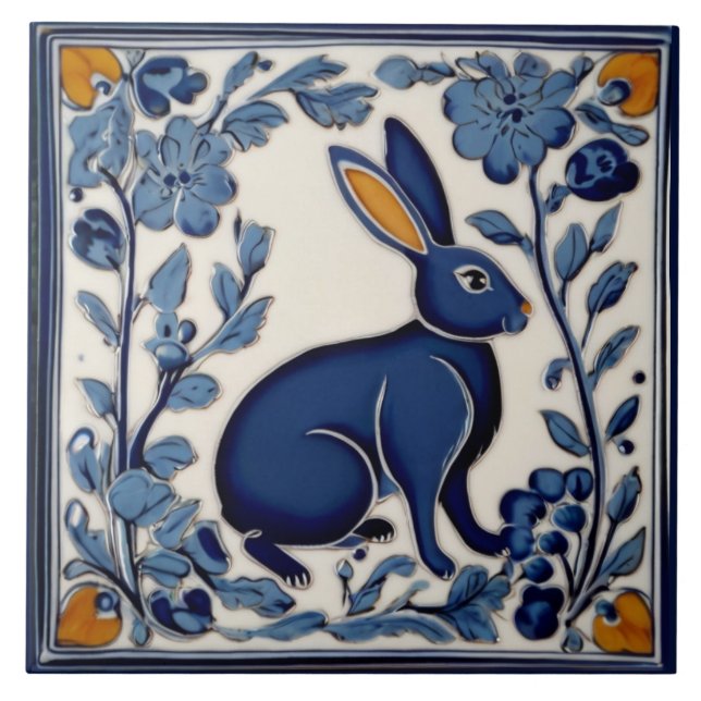 Azulejo Arte folclórico azul y blanco de conejo (Frente)