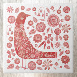 Azulejo Arte folclórico de aves<br><div class="desc">Diseño de flores y pájaros rojos y blancos estilo arte folclórico escandinavo. Arte original de Nic Squirrell.</div>