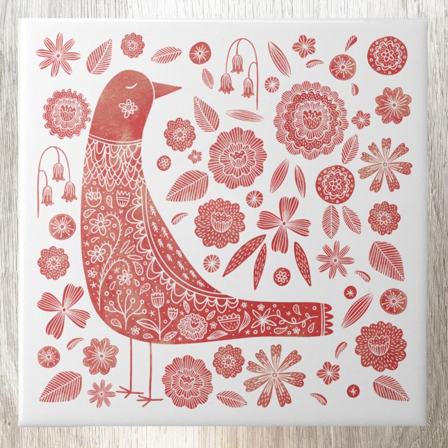 Azulejo Arte folclórico de aves (Scandinavian watercolor red and white bird art ceramic tile)