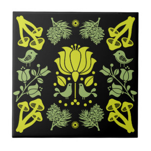 Azulejo Arte folclórico de hongos forestales nórdicos