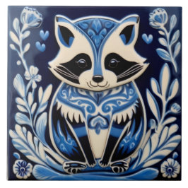 Azulejo Arte folclórico de mapache azul y blanco