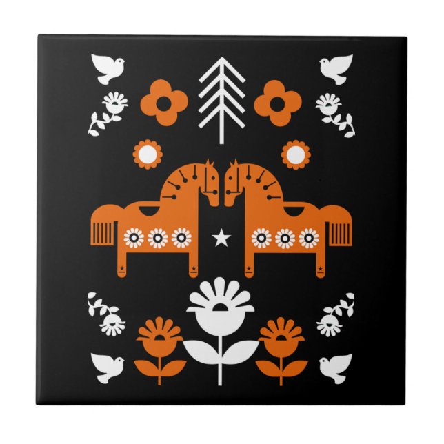 Azulejo Arte folclórico escandinavo de caballos (Frente)