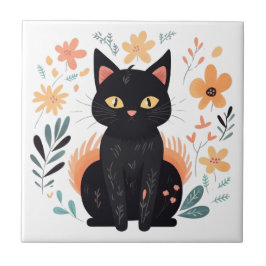 Azulejo Arte folclórico escandinavo de gato negro boho