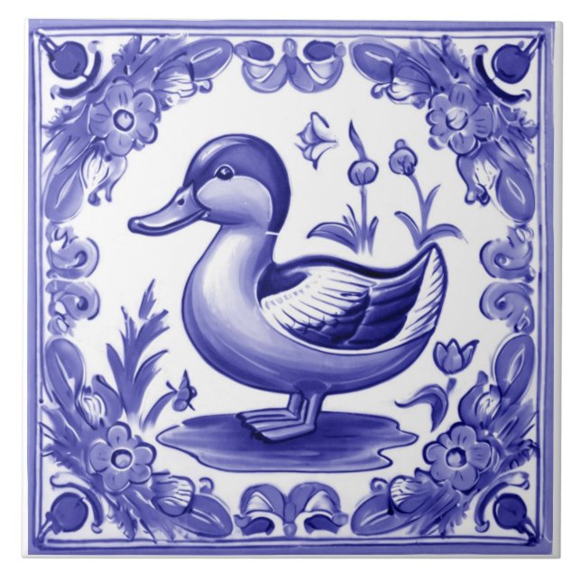 Azulejo Arte folclórico europeo del pato azul y blanco (Frente)