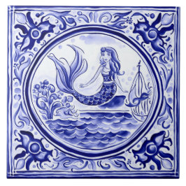 Azulejo Arte folclórico mediterráneo azul y blanco
