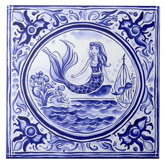Azulejo Arte folclórico mediterráneo azul y blanco (Frente)