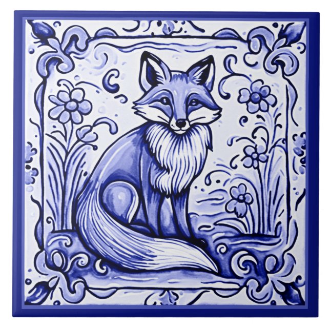 Azulejo Arte folclórico mediterráneo blanco y azul de Fox (Frente)