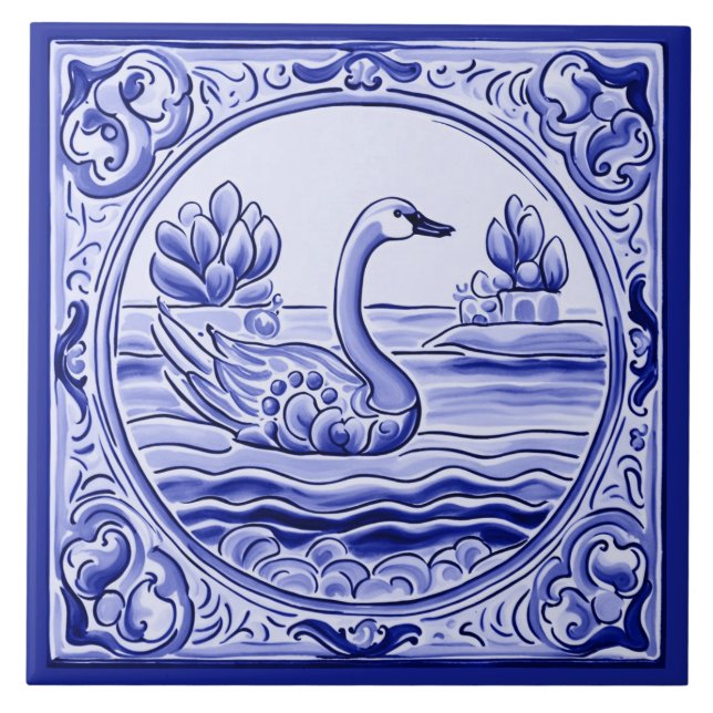 Azulejo Arte folclórico mediterráneo de ganso azul y blanc (Frente)