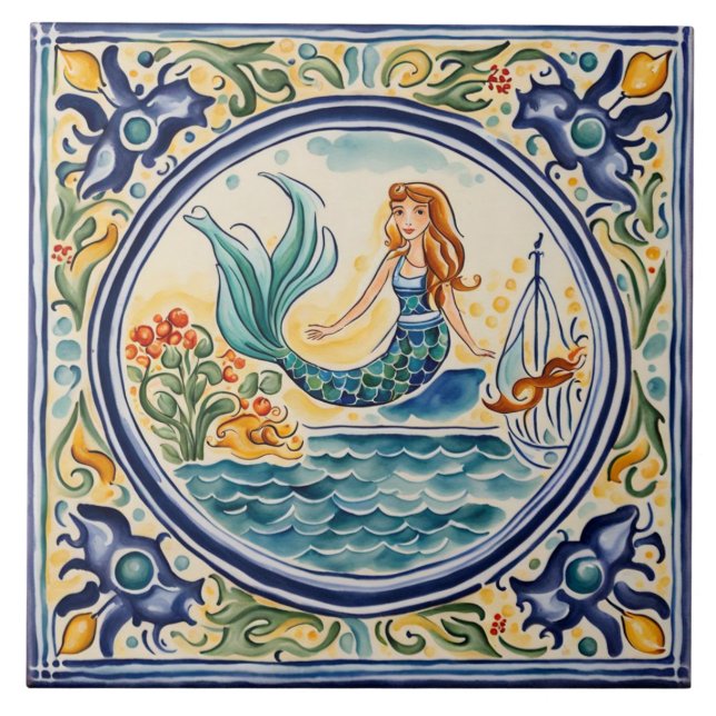 Azulejo Arte folclórico mediterráneo de Sirena (Frente)
