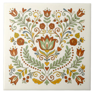 Azulejo Arte Folclórico Nórdico Retro Tulipán & Rosa