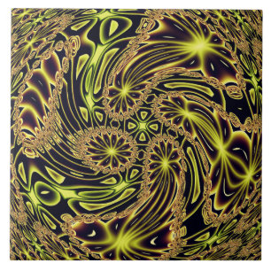 Azulejo Arte fractal abstracto de baile feliz neón dorado