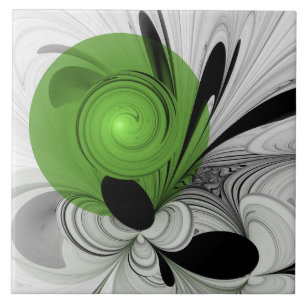 Azulejo Arte fractal abstracto en blanco y negro con verde